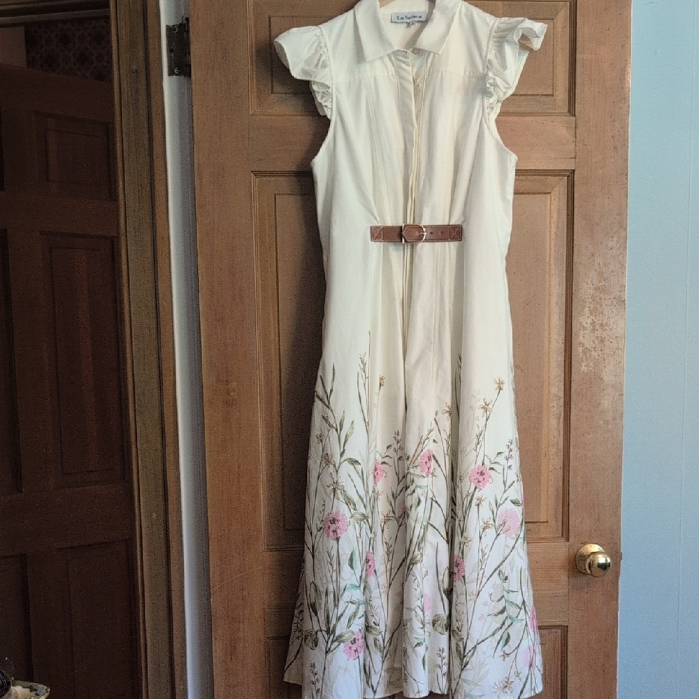 En Saison Cream Floral Midi Dress with Belt